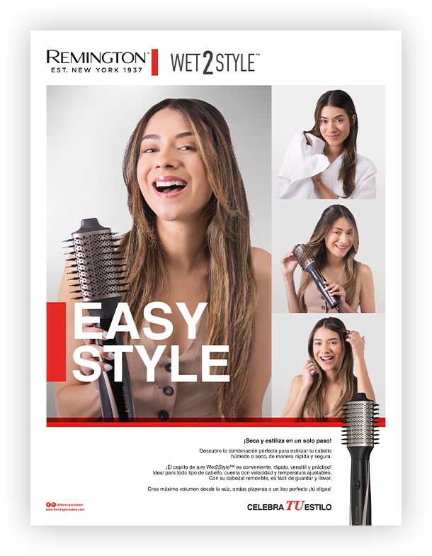 Easy Style campaign key visual, "Dries and straightens in one step," model using a drying brush with a grey background.