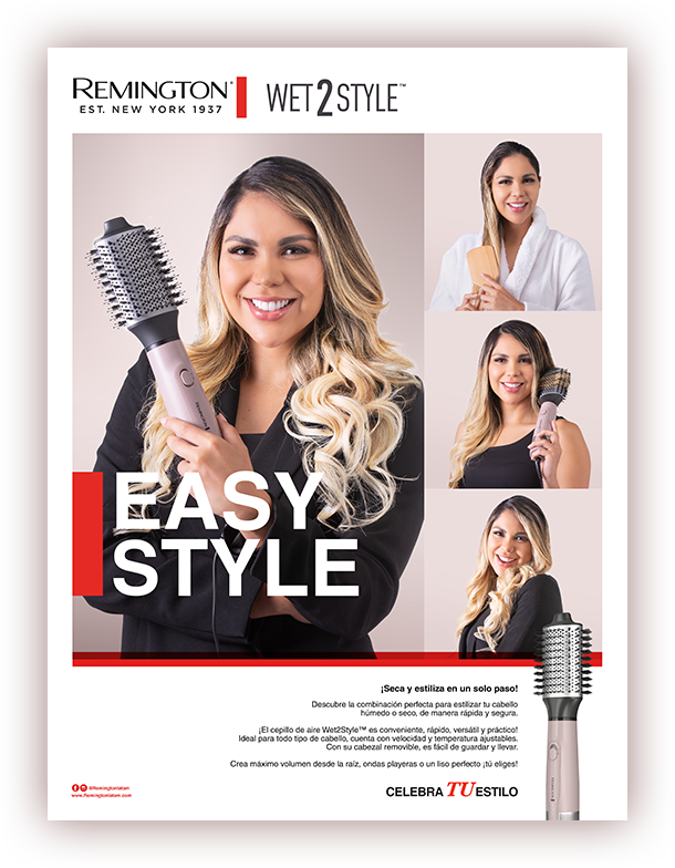 Easy Style campaign key visual, "Dries and straightens in one step," model using a drying brush with a nude background.