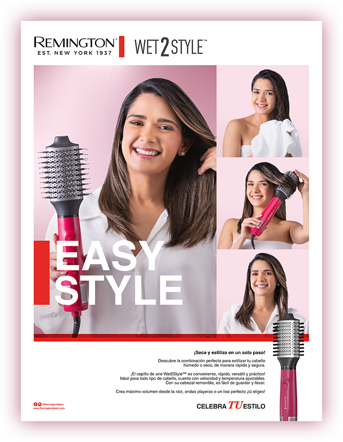 Easy Style campaign key visual, "Dries and straightens in one step," model using a drying brush with a pink background.