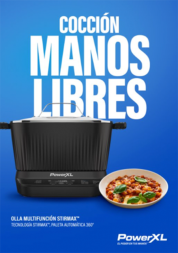 Key Visual Multicooker PowerXL™ STIRMAX™ with a dish and blue background