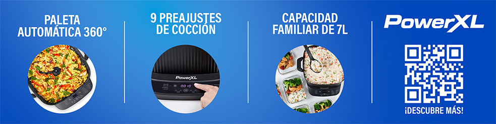 Multicooker PowerXL™ STIRMAX™ shelf talker, with key features and a blue gradient background